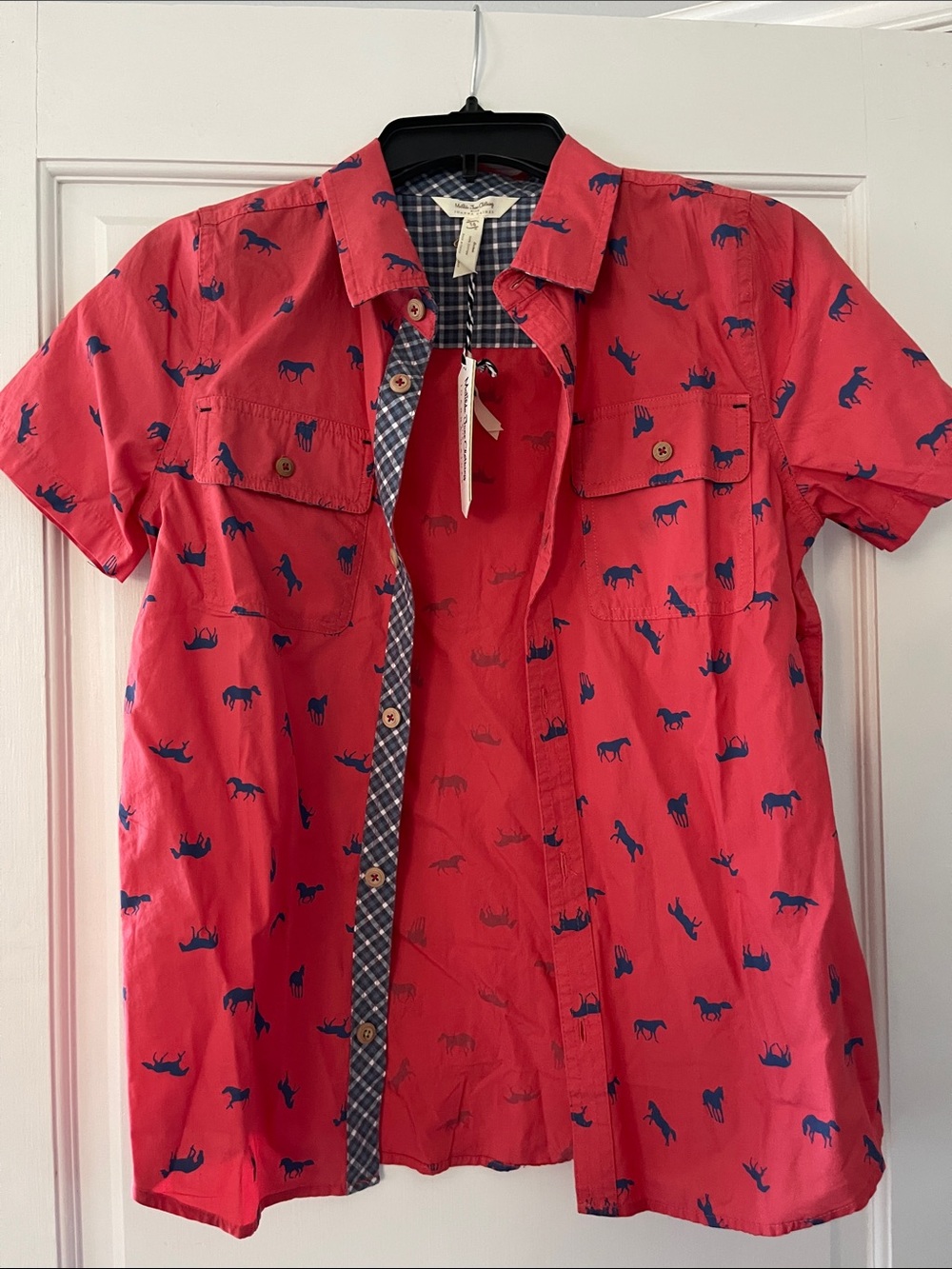 Boys Red Short-Sleeve Button-Up Shirt with Navy Animal Print